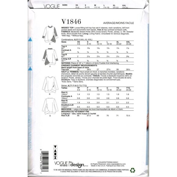 Vogue V1846 Misses XS to XXL Marcy Tilton Pullover Tops UNCUT Sewing Pattern - Picture 2 of 2